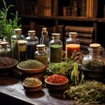 o masa de bucatarie rustică plina cu condimente sănătoase